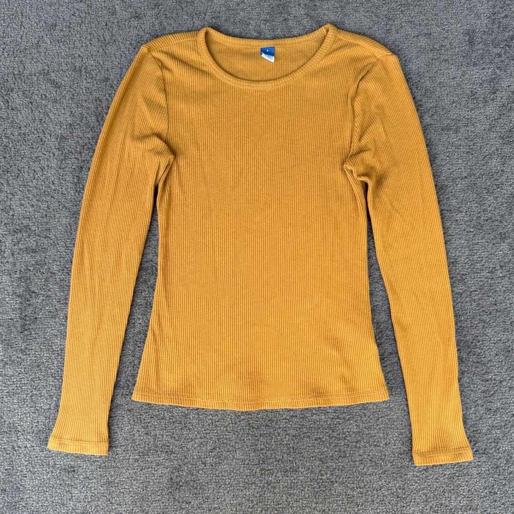 Old Navy Women Small Mustard Yellow Ribbed Long Sleeve Crew‎ Neck Top Slim Fit